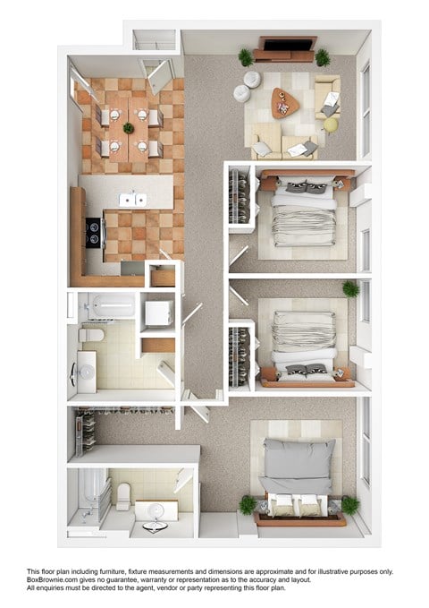 Floor plan for 3 beds, 2 baths, 1233 sqft